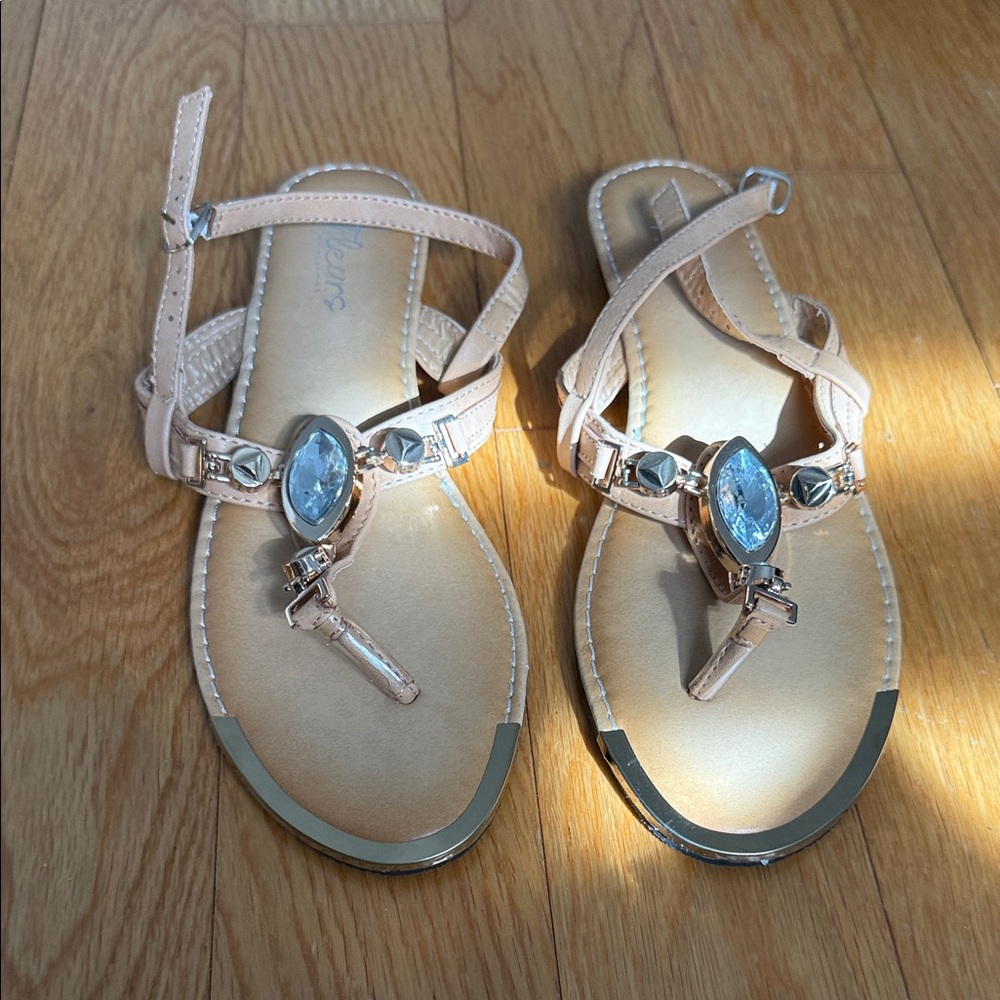Beige Jeweled T-Strap Sandals - Women